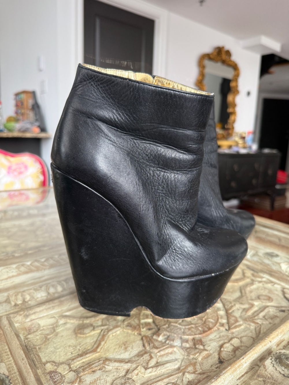 Aldo Black Leather Wedge Ankle Boots